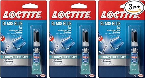 Loctite Glass Glue, Dishwasher Safe, Dries Clear & Fast Bonding, Works on Tinted Glass, Plastic & Metals - 2 g Bottle, 3 Pack