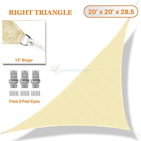 Sunshades Depot 20' x 20' x 28.5’Sun Shade Sail Right Triangle Permeable Canopy Tan Beige Custom Commercial Standard