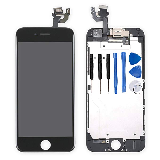 for iPhone 6 Digitizer Screen Replacement Black - Ayake 4.7'' Full LCD Display Assembly with Front Facing Camera, Earpiece Speaker Pre Assembled and Repair Tool Kits