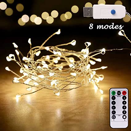 100 LED Cluster Fairy Lights,Firecrackers Starry String Garland,USB Interface,Waterproof Christmas Holiday Decoration Indoor/Outdoor Bedroom,Garden,Yard,Patio,Wedding (8.2Ft Silver Wire,Warm White)