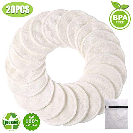 Reusable Make-up Remover & Facial Cleansing Cloth Pads 20-Pack, Organic Bamboo Towel Wipes for Eyes Face lips, Large Travel Cotton Rounds for Sensitive/Oily/Dry Skin, Eco Natural Washable Toner Pads