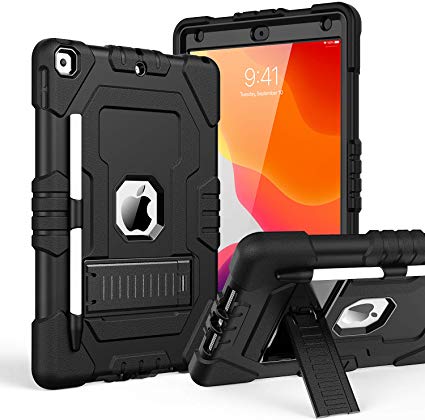 TOPSKY iPad 10.2 2019 Case iPad 7th Generation Case with Pencil Holder Kickstand Three Layer Heavy Duty Shockproof Anti-Scratch Anti-Fingerprint Protective Cover Black