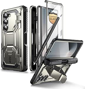 i-Blason for Samsung Galaxy Z Fold 6 Case with S Pen Holder, [Built-in Tempered Glass Screen Protector & Stand], Military-Grade Protective Phone Case for Samsung Z Fold 6, Armorbox Series, TiGray