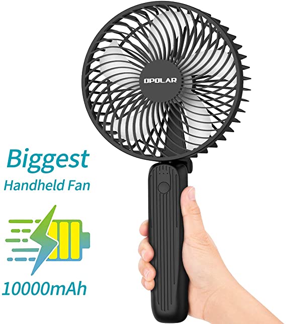 OPOLAR Biggest Handheld Fan with Superpower Battery (10000mAh), Portable Battery Operated Travel Fan, Powerful Airflow, Last 10-40 hrs, Foldable as Desktop Fan, For Indoor & Outdoor Use-6inch