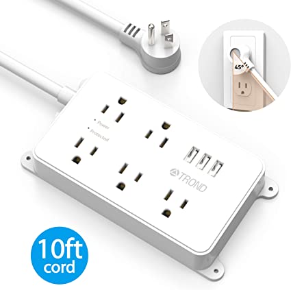 Power Strip Flat Plug, TROND Surge Protector with 3 USB Ports, ETL Listed, 5 Widely-Spaced Outlets, 1300 Joules, 10ft Extension Cord, Wall Mountable, White