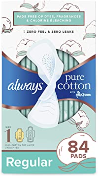 Always Pure Cotton with Flexfoam Pads, Size 1, 84 Count, Regular Absorbency (3 Packs of 28 - 84 Count Total)