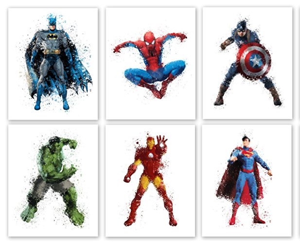 Superhero Collector Prints - Set of Six Photos (8" x10") Unframed - Batman, Spiderman, Captain America, Hulk, Iron Man, and Superman - Great Gift for Boy's Room Decor