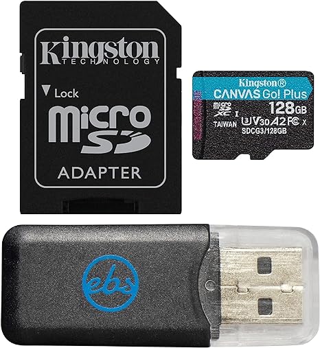 Kingston 128GB MicroSD Canvas Go Plus Memory Card with Adapter Works with GoPro Hero 10 (Hero10) Class 10, V30, A2, SDXC (SDCG3/128GB) Bundle with (1) Everything But Stromboli MicroSD Card Reader