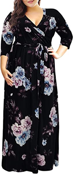 Nemidor Women's 3/4 Sleeve Floral Print Plus Size Casual Party Maxi Dress