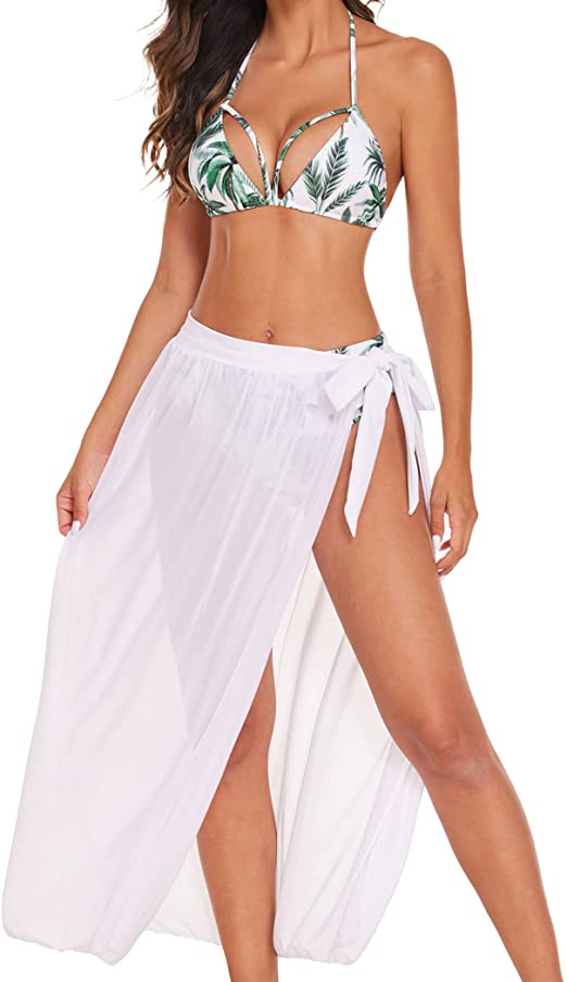 ELOVER Women Halter Bikini Set 3 Pieces Swimsuit Solid Padded Swimwear with Maxi Wrap Skirt Beach Vacation Swim Bath Wear