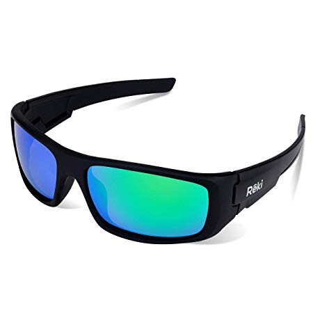 BEST Premium Unisex Polarized RE327 Unbreakable Frame Sports Sunglasses for Running Baseball Cycling Fishing Volleyball Driving Skiing Golf Traveling by Reki (Black with Green Lens)