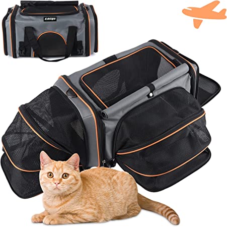 EASYA Pet Carrier Airline Approved for Cat/4 Mesh Panel,3 Entrance, 2 Sides Expandable Soft Pet Cat Carrier for Small, Medium Cats/Pet Cat Dog Carrier with Fleece Pad for Small Dog Travel