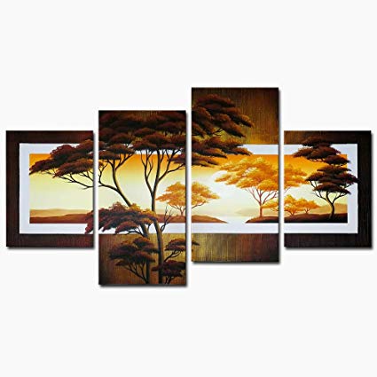 Wieco Art Beautiful Sun Trees Oil Paintings on Canvas Wall Art Ready to Hang for Living Room Bedroom Home Decorations Modern 4 Piece Stretched and Framed 100% Hand Painted Pretty Landscape Artwork