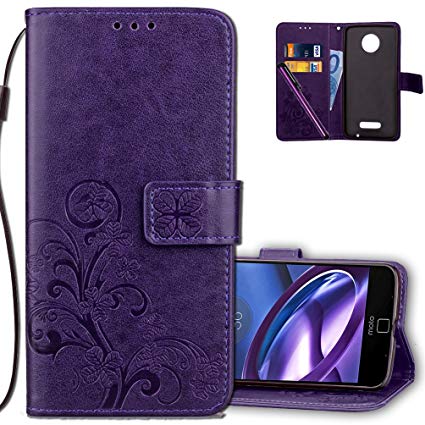 Moto X4 Wallet Case Leather COTDINFORCA Premium PU Embossed Design Magnetic Closure Protective Cover with Card Slots for Motorola Moto X4 (2017). Luck Clover Purple