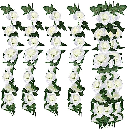 Sinbury Artificial Rose Garland, 4 Pack 29.87 FT (Total) Fake Rose Vine Hanging Rose Floral Vine Flowers Plants Faux Flower for Wedding Home Garden Office Hotel Party Craft Art Decoration (White)