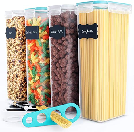 Chef's Path Airtight Tall Food Storage Container Set - Ideal for Spaghetti, Noodles & Pasta - 4 PC/All Same Size - Kitchen & Pantry Organization - Plastic Canisters Durable Lids (White & Turquoise)