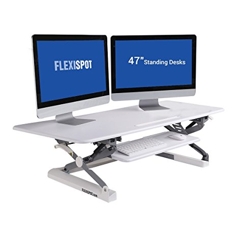 FlexiSpot Adjustable Standing Desk - 47" wide platform Stand Up Desk Riser with Retractable Keyboard Tray (L-Size-White)