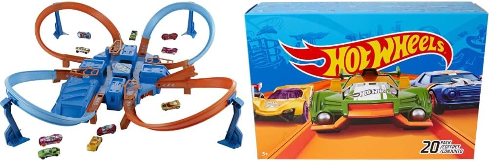 Hot Wheels Criss Cross Crash Motorized Track Set, 4 High Speed Crash Zones, 4-Way Booster, 4 Loops, Includes 1 DieCast Vehicle, Ages 4 to 10 Years Old​ & 20-Car Pack of 1:64 Scale Vehicles, 3