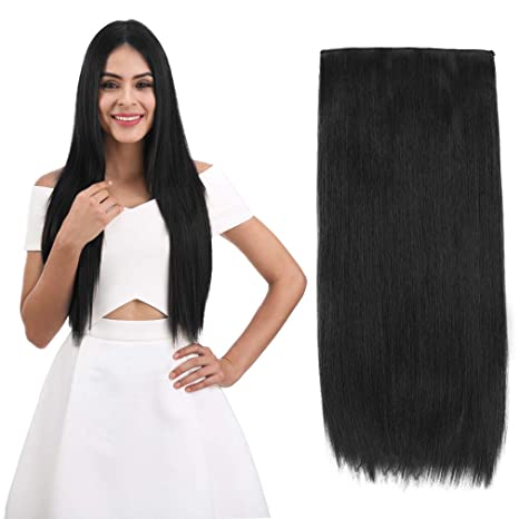 REECHO 24" 1-pack 3/4 Full Head Straight Clips in on Synthetic Hair Extensions Hair pieces for Women 5 Clips 5.0 Oz Per Piece - Natural Black