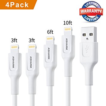iPhone Charger Cable, ASharm Lightning cable 4Pack 3ft 3t 6ft 10ft for iPhone X 8 7 6s 6 Plus 5s 5c 5 SE, iPad 2 3 4 Mini, iPad Pro Air, iPod & More (White) (4 Pack)