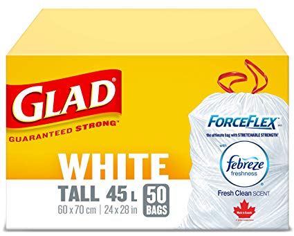 Glad White Garbage Bags - Tall 45 Litres - ForceFlex, Drawstring, with Febreze Fresh Clean Scent, 50 Trash Bags