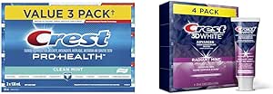 Crest Pro-Health Toothpaste Smooth Formula, Clean Mint, 130 mL (Pack of 3) & 3D White Toothpaste Advanced Whitening Radiant Mint, 280 mL Total (Pack of 4)