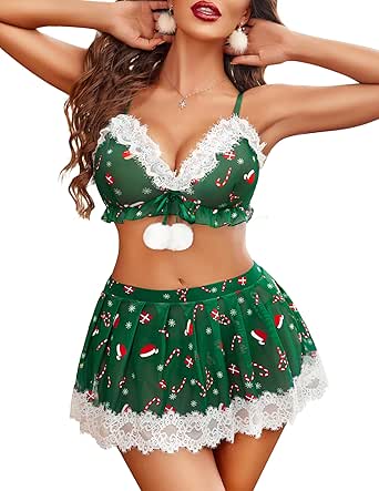 Avidlove Women's Lingerie Sexy Christmas Set Santa Babydoll Lingerie Lace Trim Bra and Skirt Reindeer Print Lingerie Dress