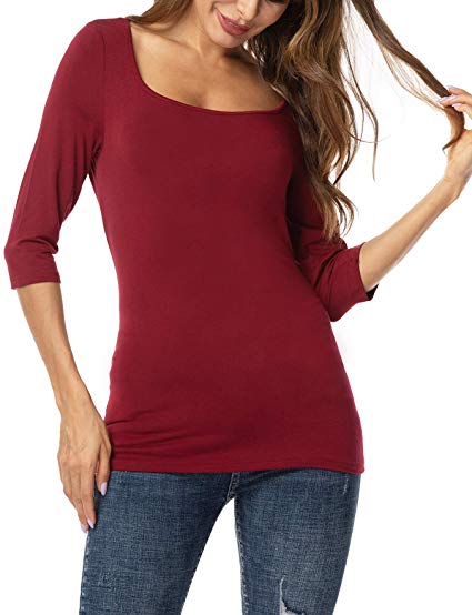 UUANG Women's Cotton Basic 3/4 Sleeve Square Neck Slim Fit Shirt Tees Tops