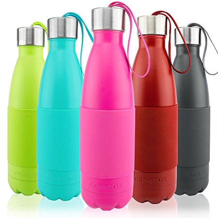 Thermo Tank Insulated Stainless Steel Water Bottle - Ice Cold 36 Hours! Vacuum   Copper Technology - Carry Loop Lid, Silicone Grip - 17 Ounce