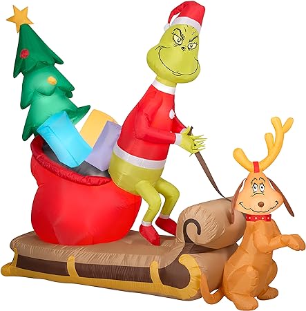 Gemmy Christmas Airblown Inflatable Grinch and Max w/Sleigh Scene Dr. Seuss, 5.5 ft Tall, Brown