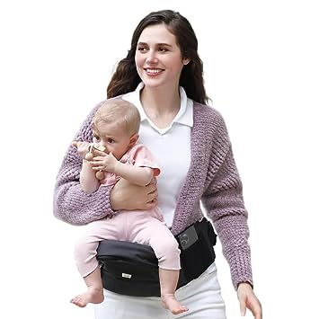 Baby Hip Carrier with Seat, GROWNSY Supportive Hip Seat Carrier for Baby/Toddler Up to 66lbs, Multiple Large Capacity Pockets, Adjustable Waistband for Different People, Black