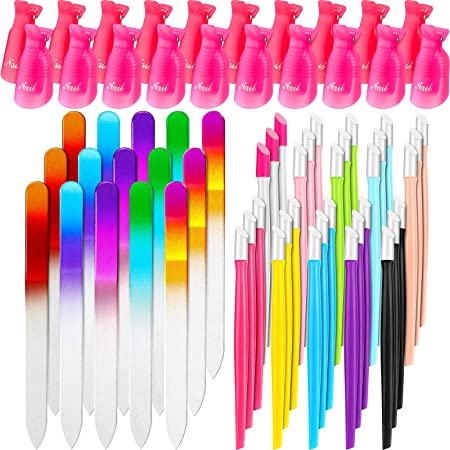 65 Pieces Glass Nail Files, Plastic Handle Nail Cuticle Pusher and Nail Polish Remover Clips, Gradient Rainbow Color Buffer Manicure Tool Rubber Tip Nail Cleaner for Nail Polishing Home Salon