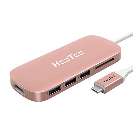 USB C Hub, HooToo Shuttle 3.1 Type C USB Hub with Power Delivery for Charging, HDMI Output, Card Reader, 3 USB 3.0 Ports for Apple New MacBook 12-Inch, ChromeBook Pixel 2015, Support 4K Resolution - Rose Gold