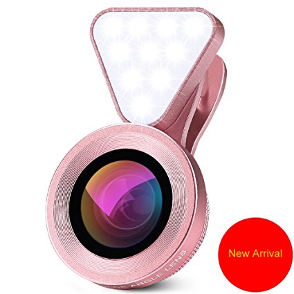 Phone Camera Lenses, GoerTek 3 Adjustable Brightness Fill Light, 120 Degree Wide Angle, 15X Macro Lens, Clip-on Cell Phone/Pad Camera lens Kit for IOS/Android Smartphones and Tablets (Rose Gold)