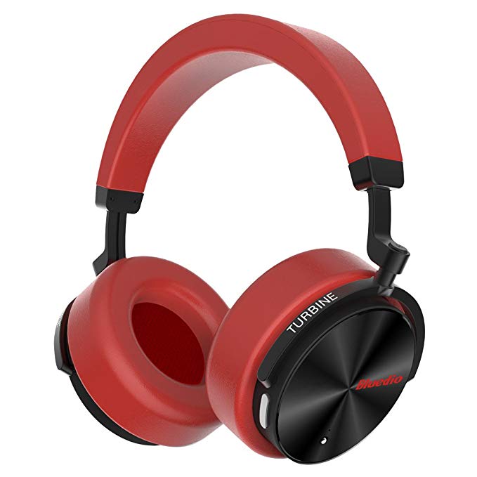 Bluedio T5 Active Noise Cancelling Wireless Bass Bluetooth Headphones Portable Stereo Headsets with Mic for Phones and Music Over Ear Gift (Red)
