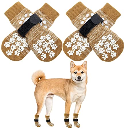 EXPAWLORER Double Side Anti-Slip Dog Socks 2 Pairs - Adjustable Pet Paw Protector with Strap, Traction Control Non-Skid for Indoor on Hardwood Floor Wear, Paw Protection for Puppy Pets Dogs