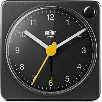 Braun Classic Travel Analogue Clock with Snooze and Light, Compact Size, Quiet Quartz Movement, Crescendo Beep Alarm in Black, Model BC02XB, One