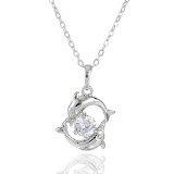 Vktech 18K White Gold Plated Two Dolphins Form a Circle Crystal Pendant Necklace