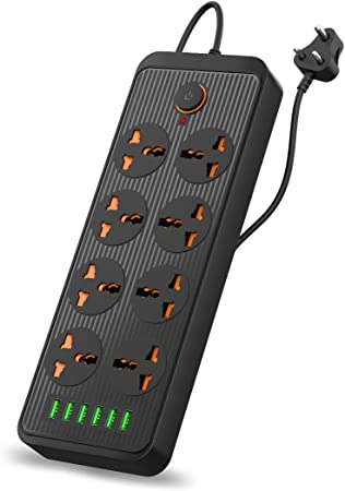 Portronics Power Plate 7 with 6 USB Port   8 Power Sockets Power Strip Extension Board with 2500W, 3Mtr Cord Length, 2.1A USB Output (Black)