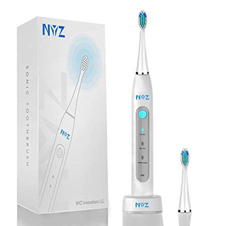 Sonic Electric Toothbrush, NYZ Wireless Rechargeable Sonic Electric Toothbrushes with 3 Modes 2 Soft Bristle Head and Smart Timer IPX7 Waterproof (White)