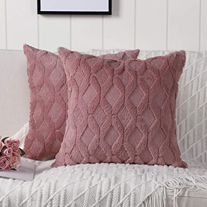 Madizz Pack of 2 Soft Plush Short Wool Velvet Decorative Throw Pillow Covers Luxury Style Cushion Case Pillow Shell for Sofa Bedroom Square Pink 22x22 inch