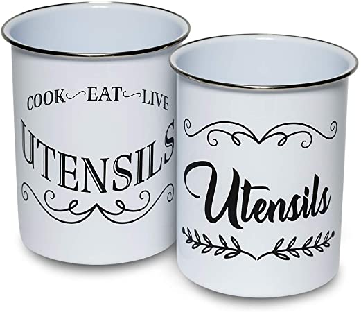 Rustic Kitchen Utensil Holders for Countertop Tool Storage, Set of 2, White Decorative Farmhouse Home Decor, Stainless Steel Canisters, Versatile Cutlery Caddy (White)