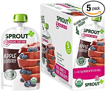 Sprout Organic Baby Food Pouches Stage 2 Sprout Baby Food, Apple Blueberry, 4 Ounce (Pack of 5); USDA Organic, Non-GMO, Made with Whole Fruits, No Preservatives, Nothing Artificial