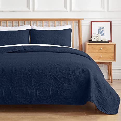 VEEYOO Bedspread Quilt Set King/Cal King Size - Soft Microfiber Lightweight Coverlet Quilt Set for All Season, Quilt Set 3 Piece (1 Quilt, 2 Pillow Shams), Navy