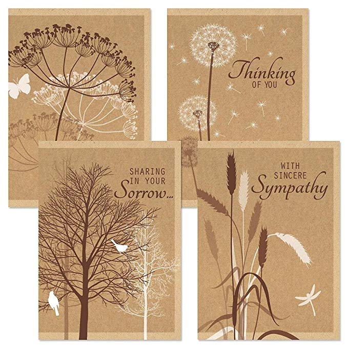 Kraft Sympathy Greeting Cards - Set of 8 (4 designs), Large 5 x 7, Sentiments Inside, Thinking of You in Sympathy Cards