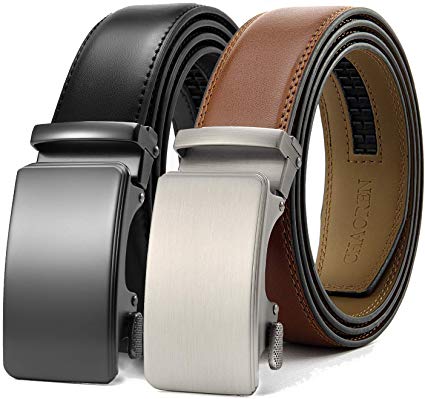 Chaoren Leather Ratchet Belt 2 Pack Dress with Click Sliding Buckle 1 3/8" in Gift Set Box - Adjustable Trim to Fit