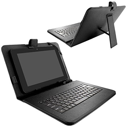 Skque Universal Leather Case Cover Stand with Micro Cable Keyboard for 10 Inch Tablets, Black