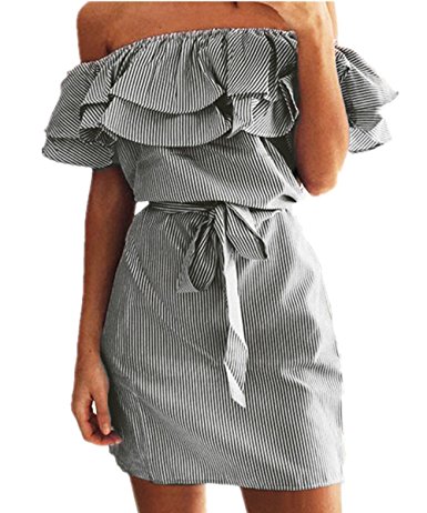 Shele Women's Casual Off Shoulder Striped Ruffles Strapless Short Dresses Mini Dresses