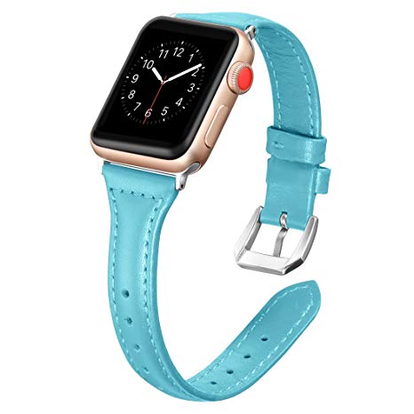 Secbolt Leather Bands Compatible Apple Watch Band 38mm 40mm Slim Replacement Wristband Sport Strap for Iwatch Nike , Series 4 3 2 1, Edition Stainless Steel Buckle