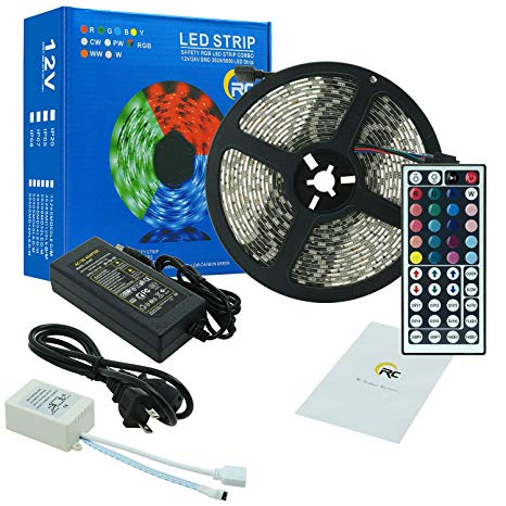 RC LED Strip lights 16.4ft Waterproof Flexible SMD5050 300LEDs with 44Key Remote 12V Power Adapter for Home and Outdoor